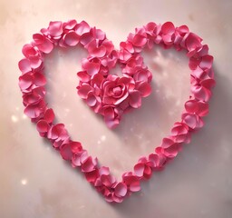 Love heart made from rose petals, soft lighting, romantic mood, clean background