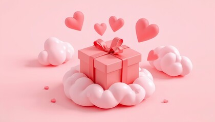 Pink gift box on fluffy clouds with hearts floating around it