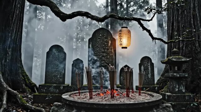 Misty forest with burning incense sticks and stone lantern