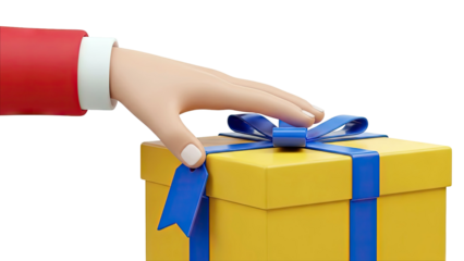 Hand placing a gift tag on a yellow present with blue ribbon