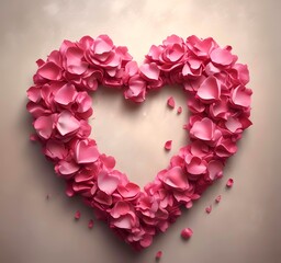 Love heart made from rose petals, soft lighting, romantic mood, clean background