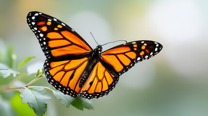 Obraz premium Monarch butterfly (Danaus plexippus) resting on green leaves with soft bokeh background