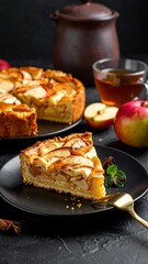 Apple pie slice on a plate with golden fork, surrounded by warm tea and a rustic pot on a textured dark background