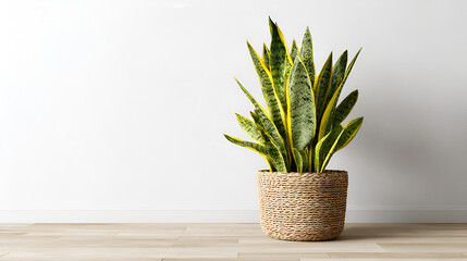 Minimalist home interior with potted indoor plant on light wood floor and blank wall background