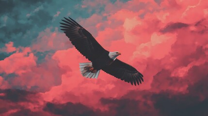 Fototapeta premium A majestic eagle soars through vibrant pink and blue clouds, showcasing its wings in a stunning display of nature's beauty.