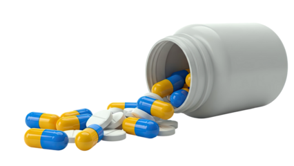 Pill bottle spilling blue and yellow capsules and white tablets