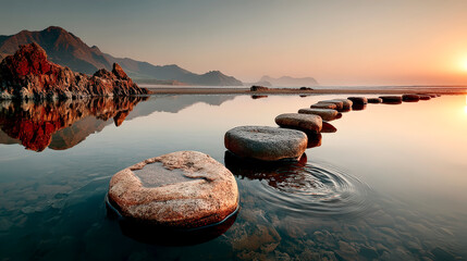 Stepping stones forming tranquil path across calm water with mountains and warm sunrise