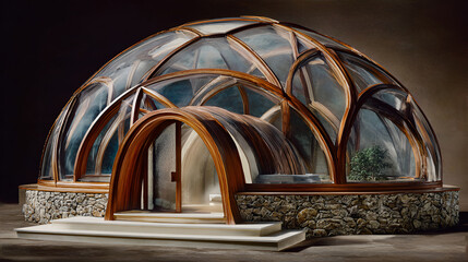 Modern Glass Dome House with Organic Wooden Frame and Stone Base


