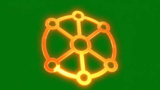 Glowing neon orange network connection symbol on green background.
