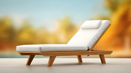 Summer Vacation Concept: Elegant Teak Chaise Lounge with Palm Trees Background
