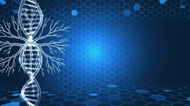 DNA double helix structure with molecular branches on blue background.