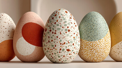 Modern decorative Easter eggs with colorful patterns displayed in soft minimal festive setting
