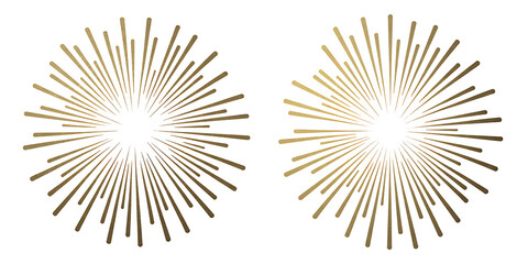 Obraz premium Two Golden Starburst or Sunburst Elements with Glitter Texture Isolated on White Background, Vintage Retro Design Graphics