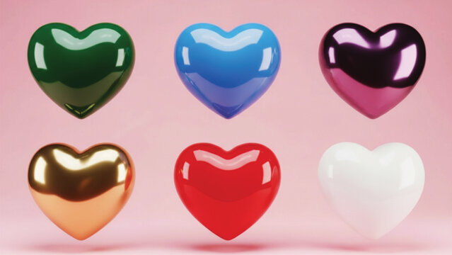 Six shiny 3d hearts in different colors green, blue, pink, gold, red, and white on a soft pink background.