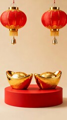 Fototapeta premium Two golden ingots displayed on a red pedestal beneath two red lanterns symbolizing prosperity and celebration.
