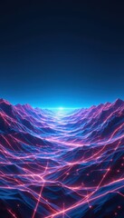 Low poly landscape with glowing neon grid lines and distant blue sun