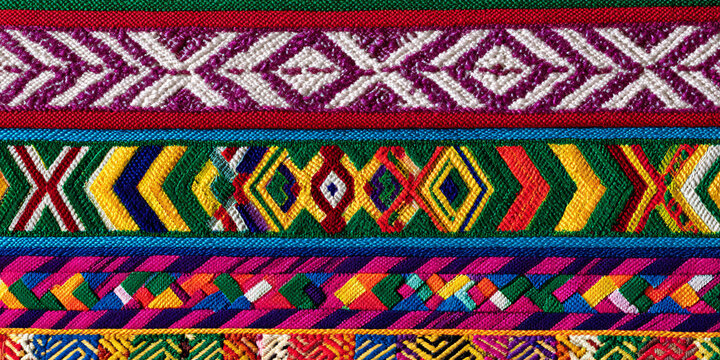 Vibrant Andean textile patterns with geometric designs, showcasing colorful woven bands and traditional craftsmanship Concept of cultural heritage and artisanal skill