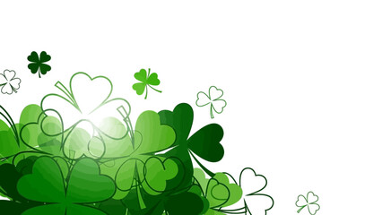 Green shamrock clover patterns and borders on white background, St. Patrick's Day theme