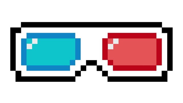 Classic pixelated 3D glasses vector icon featuring prominent red and blue lenses, representing vintage gaming, immersive entertainment, and nostalgic digital media experiences