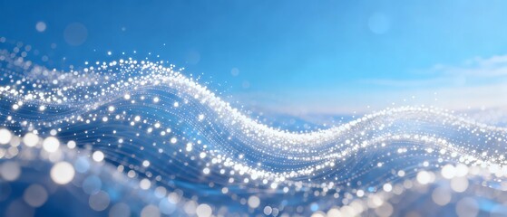 A dynamic wave of glowing particles flows across a serene blue sky creating an ethereal and futuristic visual effect.