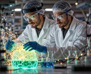 Researcher Working with Bioluminescent Neural-Mapping Mesh in Clinical Lab.