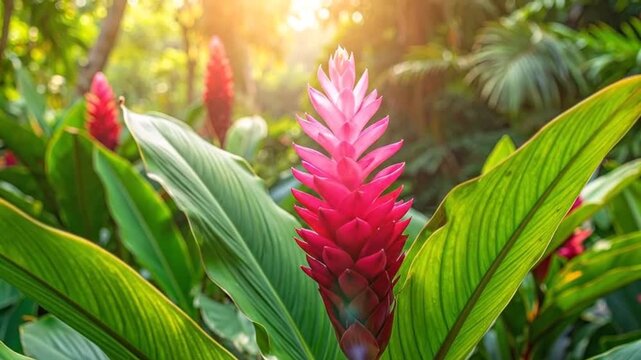 Beautiful Red Ginger Flowers Blooming in a Lush Tropical Garden.
