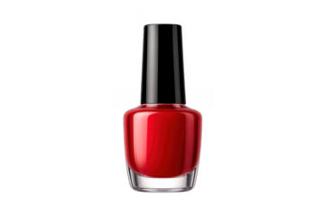 Red nail polish bottle, cosmetic product on transparent background