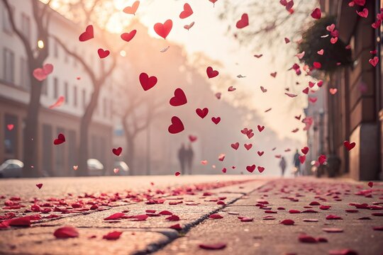 Red paper hearts are showering down onto a city sidewalk creating a romantic scene with soft sunlight during a romantic celebration or event
