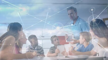 Animation of network of connections over diverse school children with male teacher - Powered by Adobe