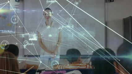 Animation of network of connections over caucasian female teacher and diverse students - Powered by Adobe