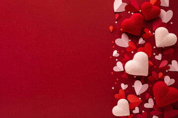 Love hearts on red background. Valentine or Mother Day greeting card flat lay top view.