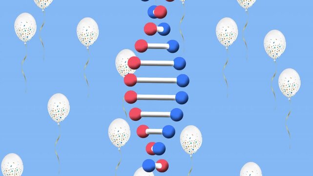 Animation of balloon icons and dna strand on blue background