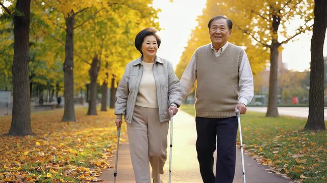 Senior Couple Walking Outdoors with Walking Sticks, Enjoying Autumn Day in Park, Active Aging Lifestyle