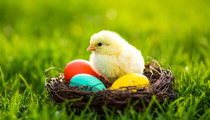 a cute fluffy yellow baby chick sitting in a nest with coloured eggs on a lush green grass background, Easter celebration concept