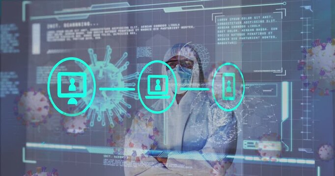 Animation of tech icons and virus cells over digital screen and medic in protective suit
