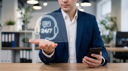 Businessman presenting 24/7 customer support on smartphone