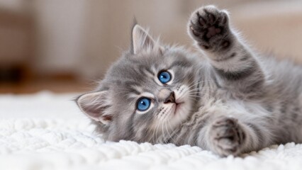 Gray kitten with blue eyes lying on white surface
