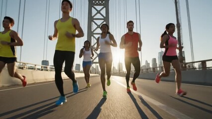 Group of diverse sportsmen people running a race outdoors. Athletes training on a bridge for fitness and competition concept. Marathon runners jog.