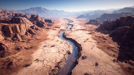 Desert canyon river dry landscape cracked earth climate change drought erosion arid valley rocky mountain algorithmic nature dramatic scene under clear sky with distant range and winding water path