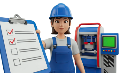 Cartoon worker with clipboard and machinery