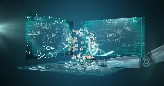 Animation of robotic arm with business people icons over mathematical equations
