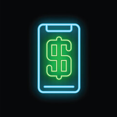 Fototapeta premium Neon sign showing a mobile phone displaying a green dollar sign, on a black background