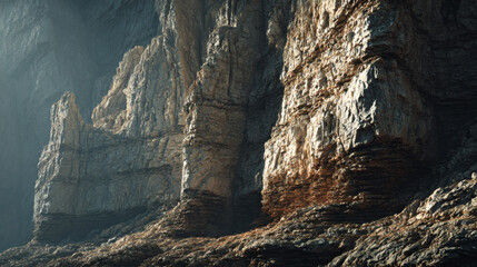 Algorithmic canyon rock layer procedural cliff formation rugged stone wall stratified rock face dramatic canyon light fantasy landscape erosion pattern geological texture digital environment