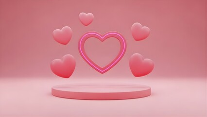 Pink hearts adorning a minimalist podium, symbolizing love, romance, and celebration in a digital art style