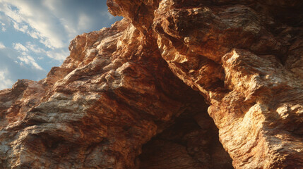 Rock formation cave sunlit cliff texture nature algorithmic landscape rugged geology warm stone daylight sky dramatic erosion detail outdoor travel scenic background
