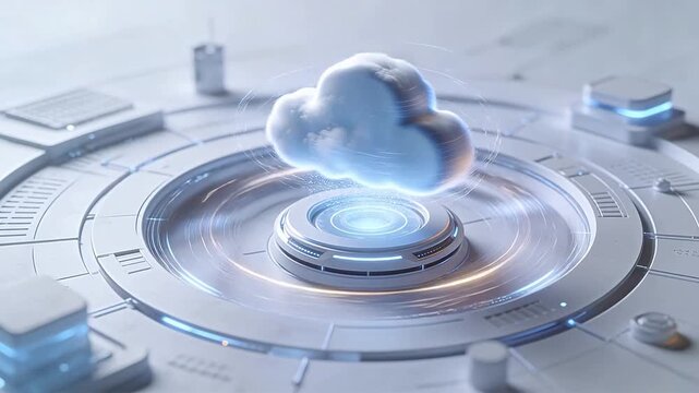 Futuristic round device with floating cloud and keyboard setup