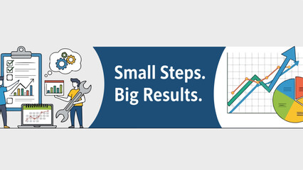 Small Steps Big Results Business Growth Banner with Data Analysis Icons