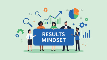 Diverse Business Team Holding Results Mindset Banner with Growth Charts Illustration