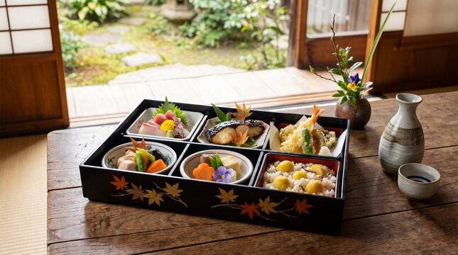Shokado Bento in a lacquered box with compartments, kaiseki elegance. copy space for text
