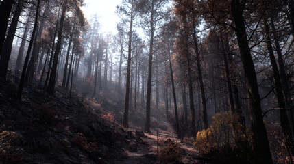 Obraz premium Forest pine tree fog mist sunlight path autumn regrowth nature Forest pine tree fog mist sunlight path autumn regrowth nature woodland slope trail tranquil morning light atmospheric landscape